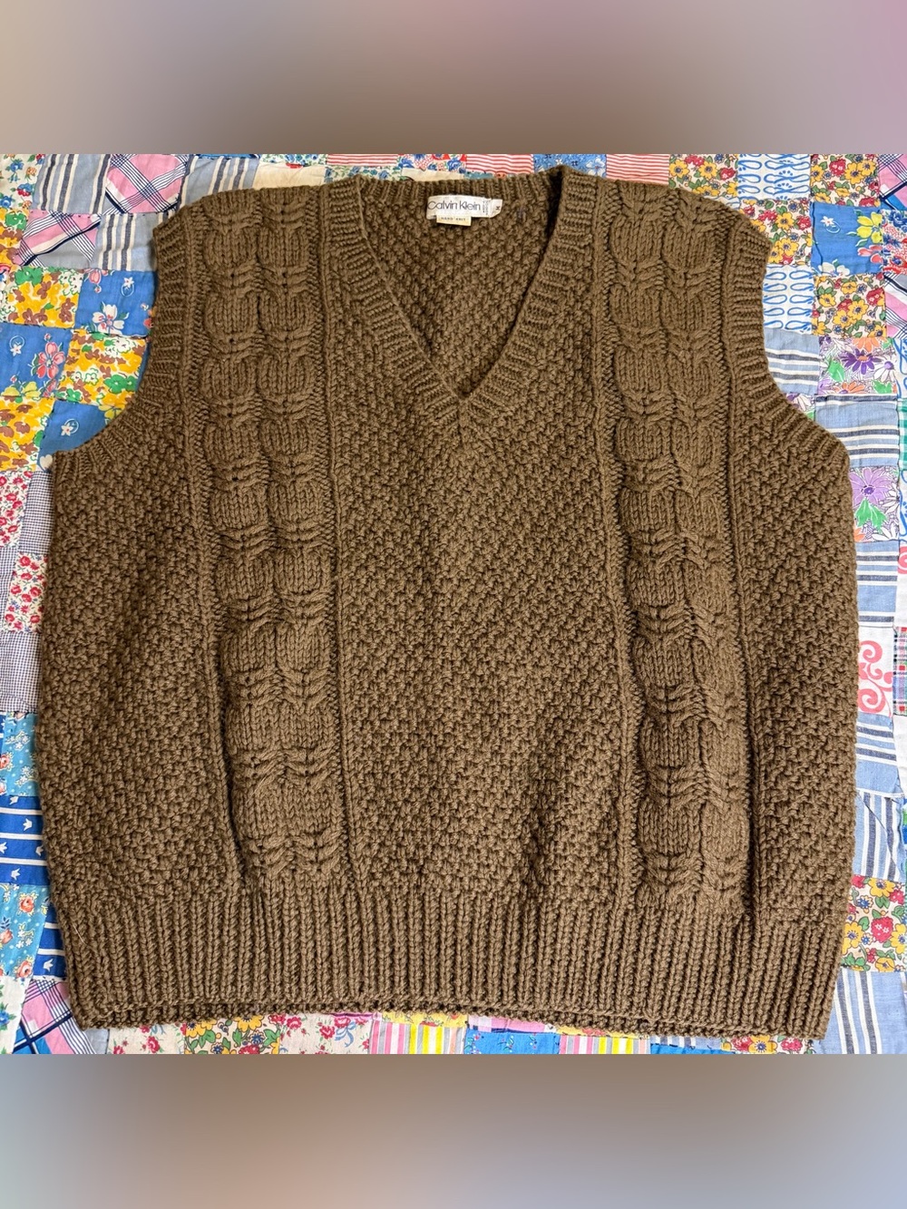 VTG 70s Calvin Klein Handknit 100% Wool Sweater Vest Brown Prep Retro Grandpa LG